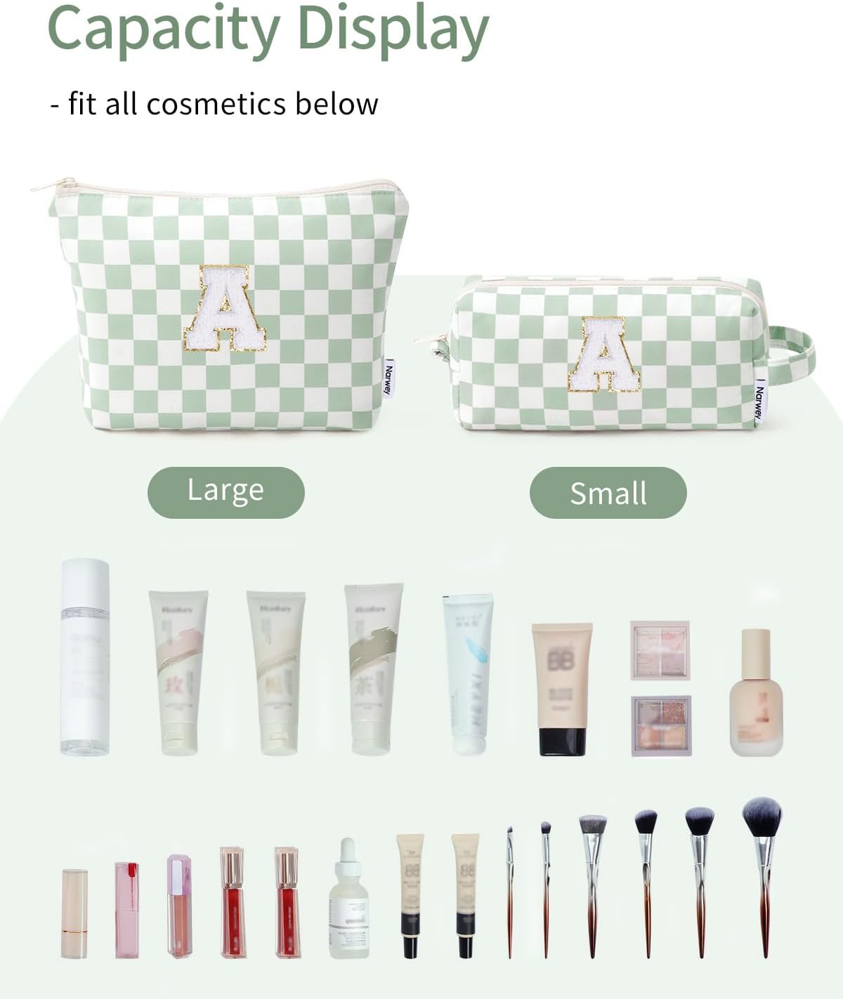 Narwey 2 Set Initial Makeup Bag, Personalized Cute Cosmetic Bag Travel Toiletry Bags, Teen Girls Gifts Trendy Stuff 8 10 11 12 14 16 18 Years Old, Birthday Gifts for Kids Tween Women (A) - Image 3