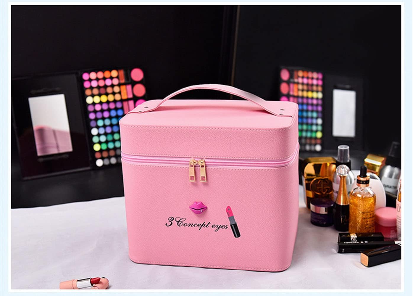 Pu Leather Makeup Storage Box With Mirror | 4 Layer Travel Vanity Bag | Multi Compartment Cosmetic Bag Display Organizer For Lipstick Nailpolish | Make-Up Brushes Holder(Pink) 18 Cms