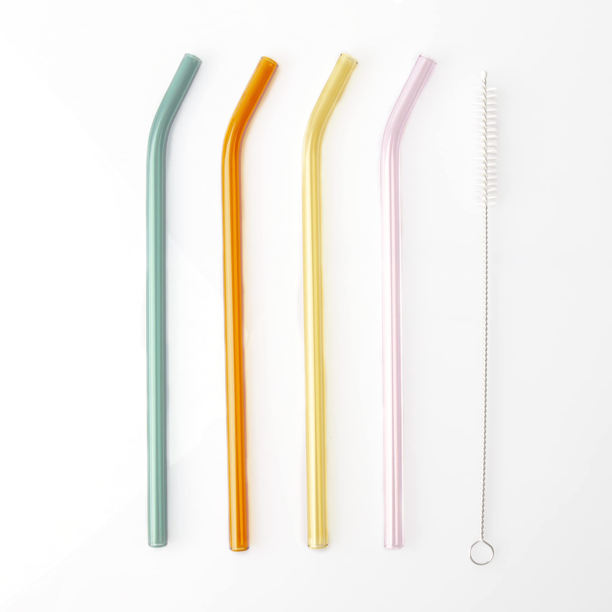 Skylarlife Reusable Glass Drinking Straws with Cleaning Brush Durable Sturdy Odorless Clear Bent Glass for Milkshake, Juices, Special Drinks, Smoothies, Restaurants Party Summer Set of 4 (Color)