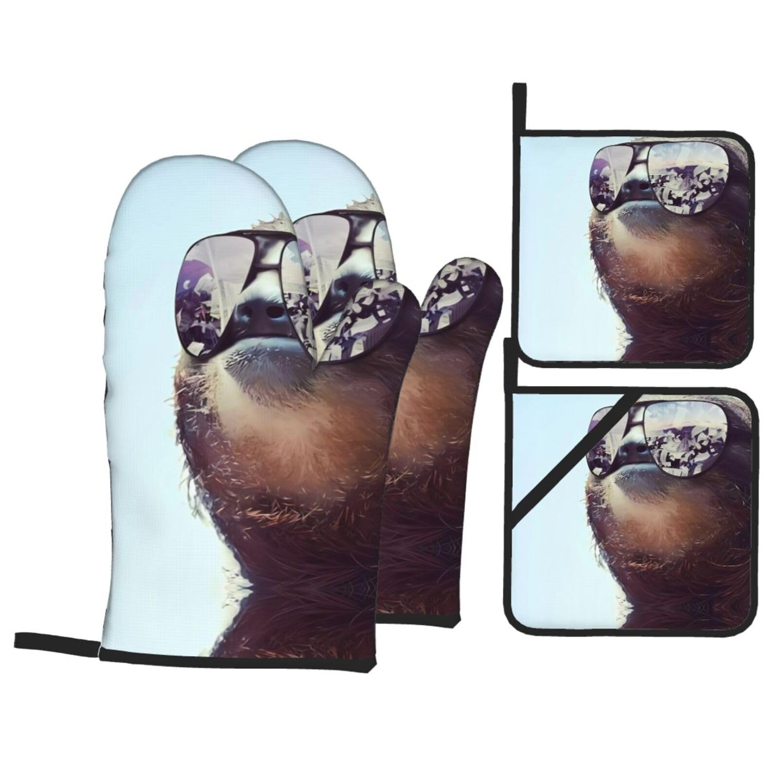 HJFCZH Sloth with sunglasses Prints Kitchen Throw Set: Durable Oven Layers with Waterproof Polyester – 4 Piece Heat Protection System