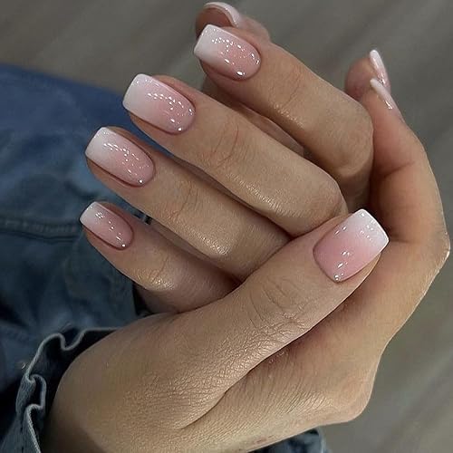 DOCVOEOMH Uñas postizas cuadradas cortas a presión, color degradado, rosa, blanco, con diseño, cobertura completa, acrílicas, pegamento para uñas,