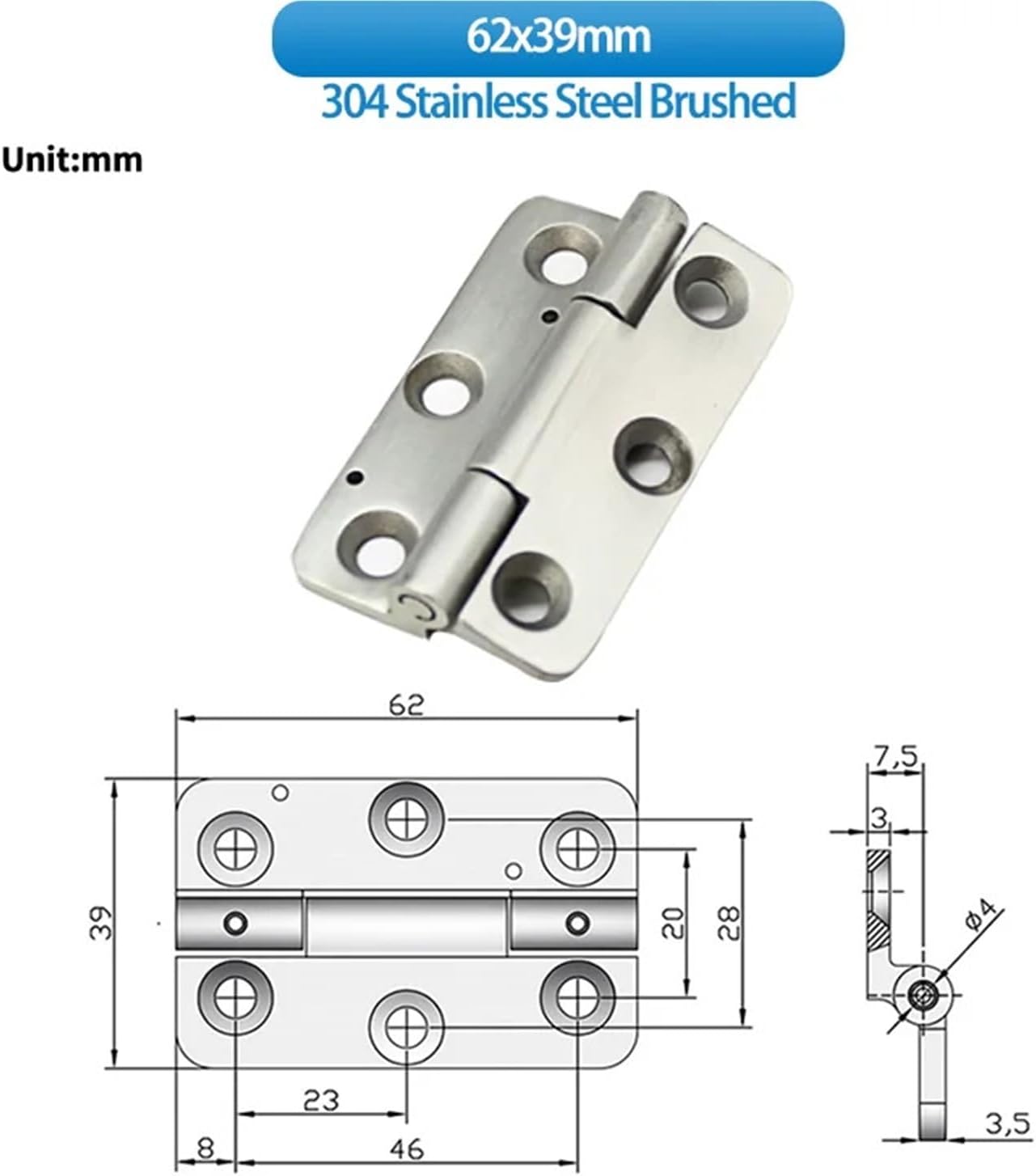 304 Stainless Steel Folding Flat Heavy-Duty Door Hinge Machinery Load-Bearing Hardware Accessories 1Pcs