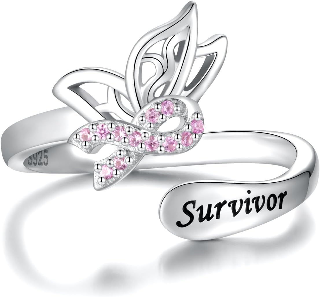 MANBU Breast Cancer Awareness Ribbon Jewelry Pink Ribbon Ring Earrings Encouragement Jewelry Gifts for Women Breast Cancer Fighters