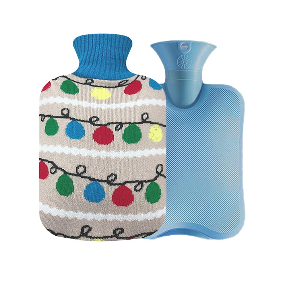OliviaLiving Hot Water Bag Hot Water Bottle 2 Liter Heat Up and Refreezable Hot Cold Pack with Knit Cover for Pain Relief Hot Cold Therapy, Christmas Lights