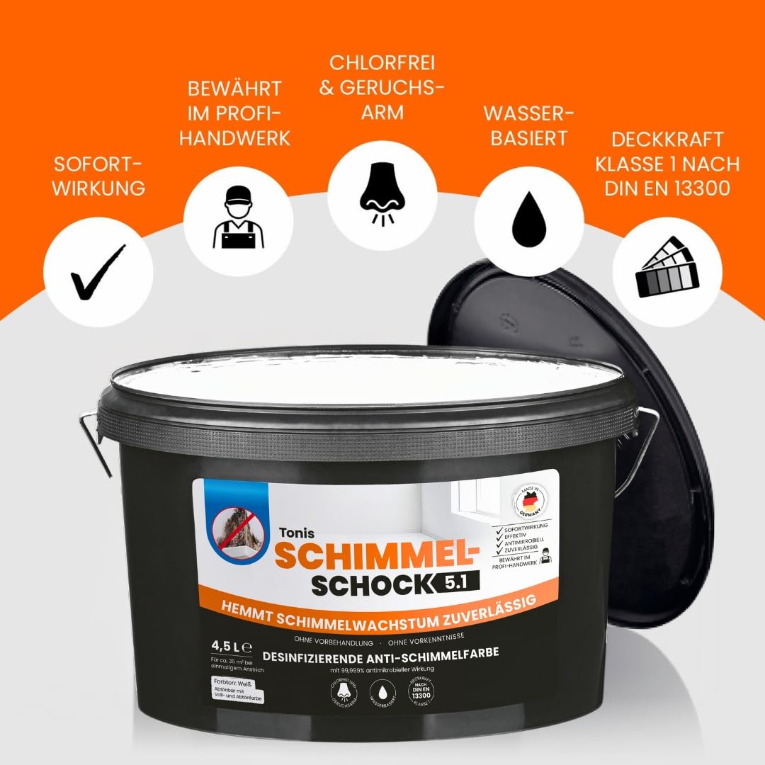 Tonis SCHIMMELSCHOCK Anti-Schimmel-Farbe 4,5 Liter | Effektive antimikrobielle Sofortwirkung, desinfizierende Wandfarbe für ca. 18 m², Schimmel-Stopp aus: Die Höhle der Löwen [weiss, abtönbar]
