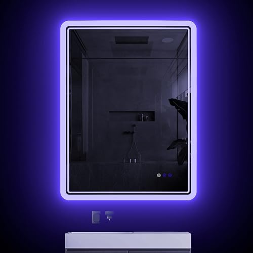 Miniatura 3 de CFYLO Espejo retroiluminado LED de 24 x 32 pulgadas, espejo de baño con luces, espejo LED para baño, atmósfera azul retroiluminada LED, espejo de