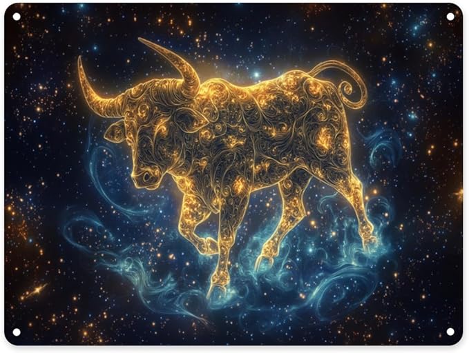 Taurus Zodiac Metal tin sign,Golden spiral and starry sky Taurus,Vintage Zodiac sign themed decor tinplate,Living room, bedroom, office walls Aluminum plaque 12x16 inches