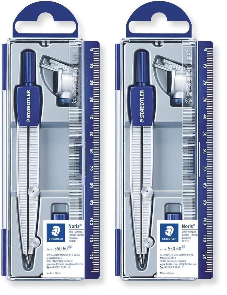 STAEDTLER Noris Club 550, Set de Dibujo Estuche, Compás Escolar, Adaptador y Tubo de Minas, Azul/Metálico (Paquete de 2) en oferta en Amazon