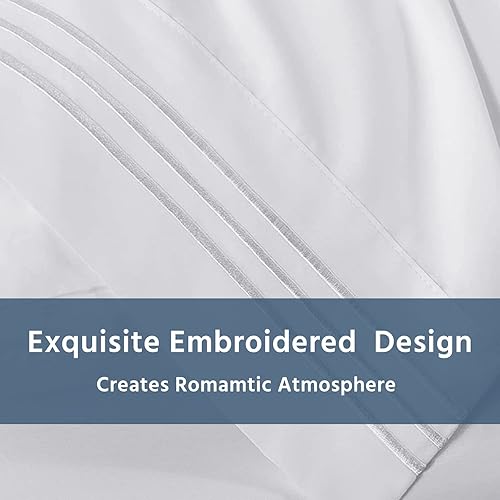 Miniatura 4 de Juego de sábanas súper suaves 100% microfibra cepillada 1800 bordada, sábanas de cama tamaño Queen con bolsillo profundo de 16 pulgadas, 4 piezas,