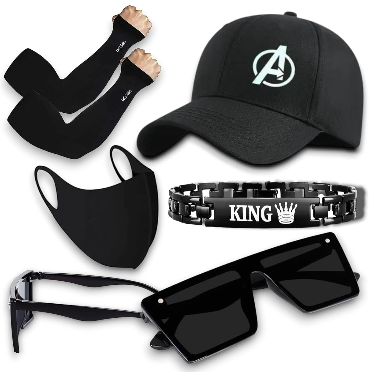 Black Cap with Avenger, Arm Sleeves, Face Mask, Sunglasses, and King Bracelet Combo Pack of 5 Black Cap with Avenger, Arm Sleeves, Face Mask, Sunglasses, and King Bracelet Combo Pack of 5