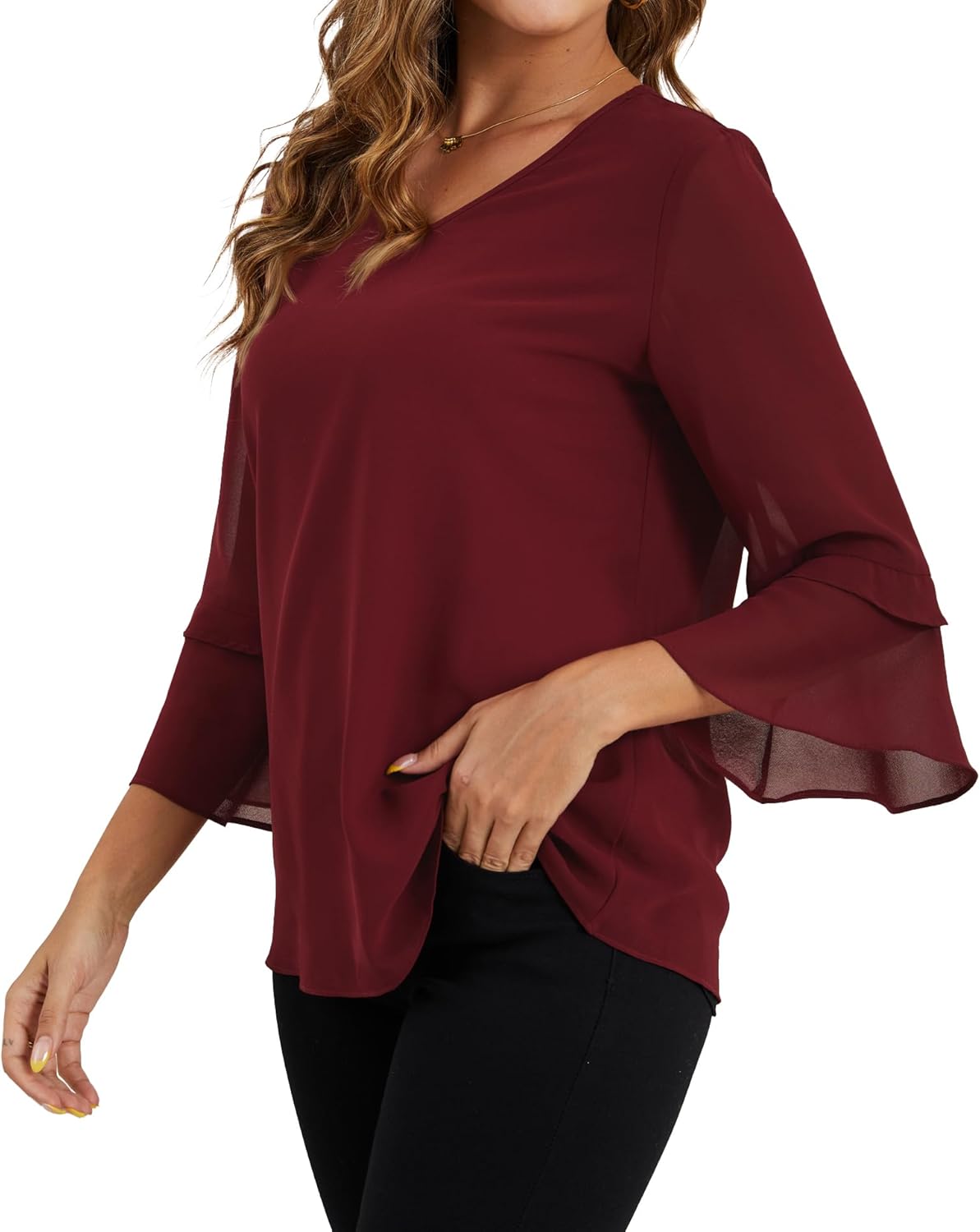 Neineiwu Womens Tops Dressy Casual Tiered Ruffle 3/4 Sleeve V Neck Chiffon Double Layers Blouse 2025 Fashion - Image 4