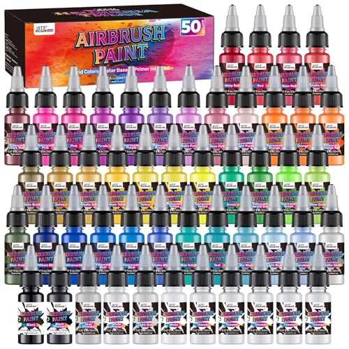 Airbrush Paint Set 42 colors with 3 Primers & 5 thinners Water-Based Opaque & Neon & Iridescent Acrylic Paints Ready to Spray for Metal Wood Canvas