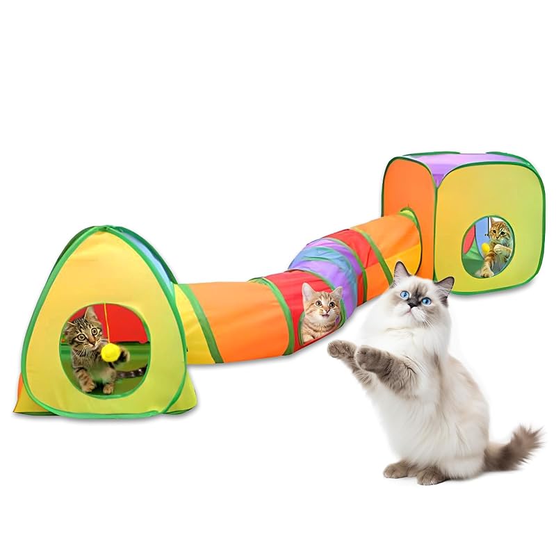 Túnel para gatos 3 em 1 desmontável com cubo, barraca e bolinhas JACKBOY A-Rainbow colors, conjunto com 3