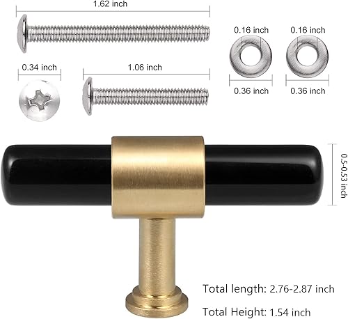 Miniatura 2 de Rockcloud Juego de 2 pomos de barra en T de piedra de obsidiana negra con tornillos, pomos cilíndricos para cajones, manijas para armario, armario,