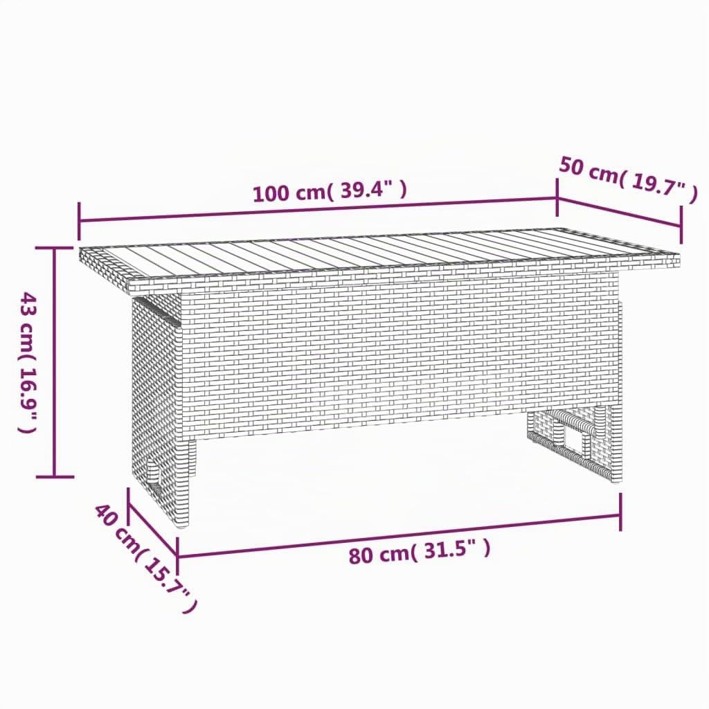 vidaXL Mesa jardín Negra 100x50x43/63 cm Madera Maciza Acacia y ratán, Mesa de Exterior, Muebles de jardín, Muebles de Patio, Mesa de Patio