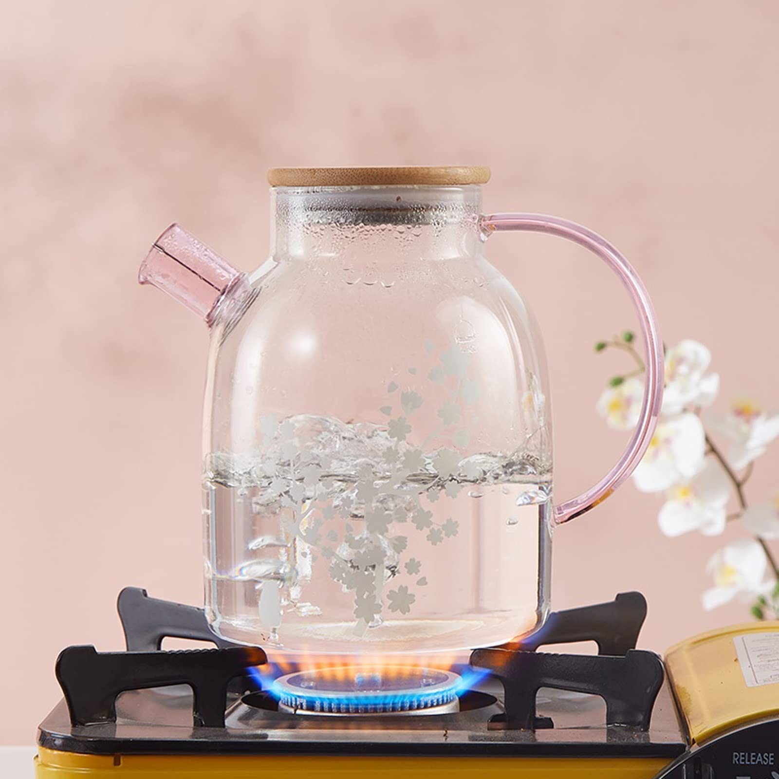 Karafka na wodę Szklany czajnik na zimną wodę Kubek Ciepło Kubek do herbaty Ciepło Przezroczysty Kubek Różowa Mata do czajnika Wygodny uchwyt Ice Tea Dzbanek (Kolor: