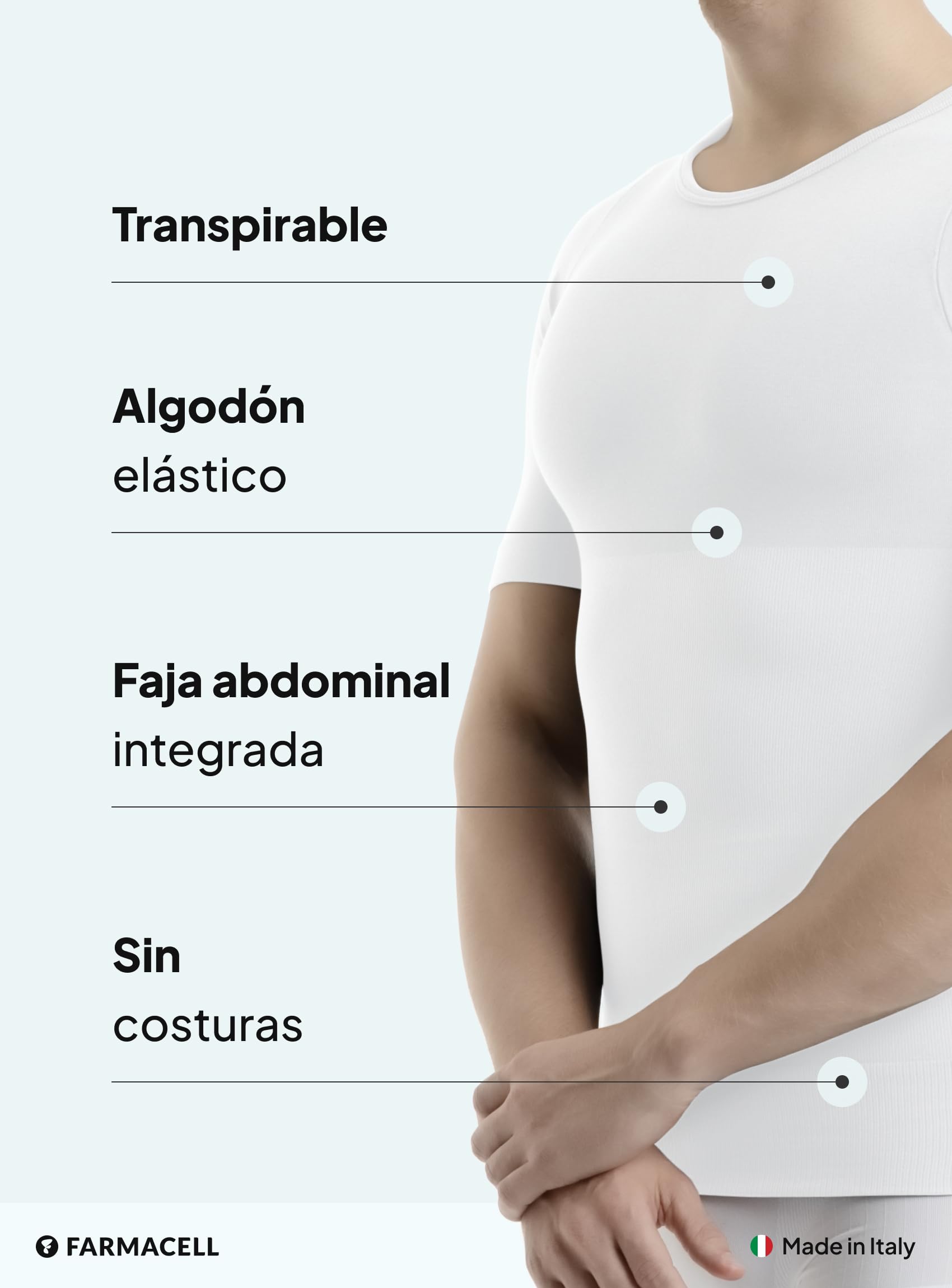 Farmacell Camiseta Reductora Manga Corta Hombre de Algodón, Control de Abdomen, Made in Italy, 419