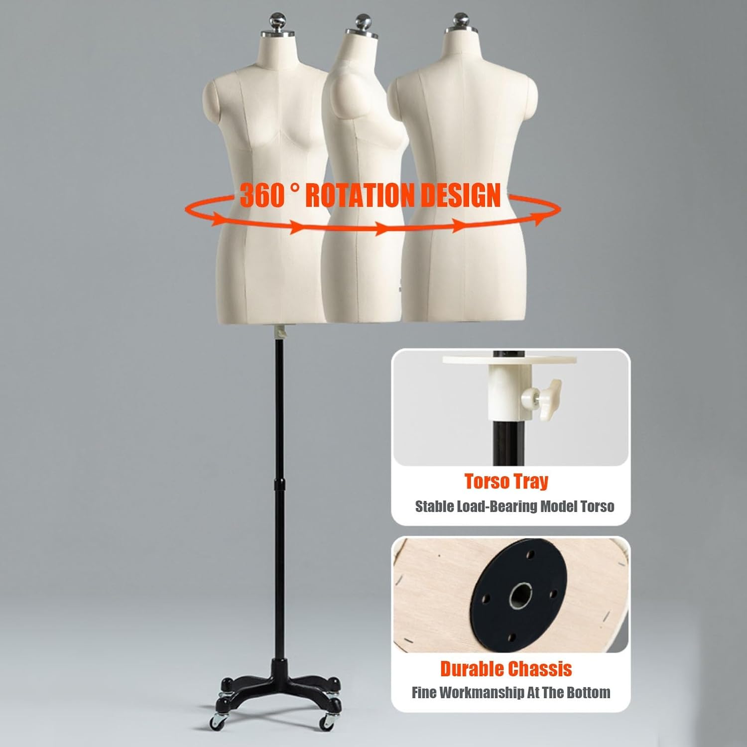 Female Dress Form Dress Form Torso with Universal Wheel, 360° Rotatable Height Adjustable Pinnable Body Form Female Standing for Clothing Display Female Dress,Beige-96#