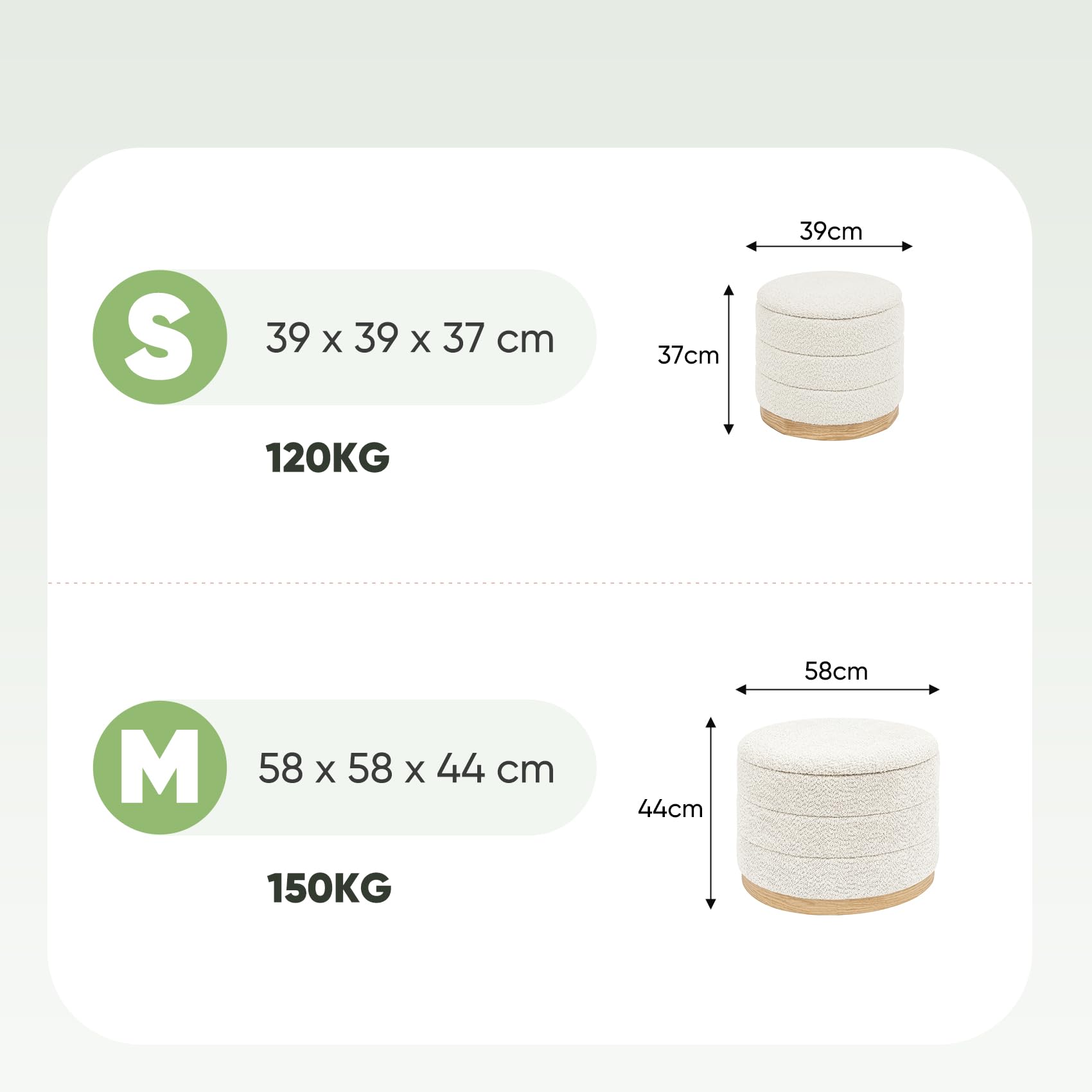 Bonlife Pouf avec rangement et plateau, Pouf rond pliable, Banc de pieds pour salon, chambre à coucher, couloir, Chenille, Socle en similicuir à motif bois, Blanc, 39X39X37 cm