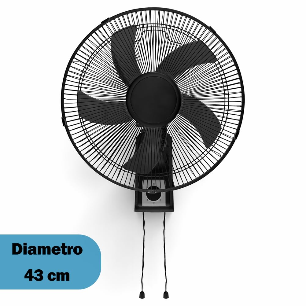 BAKAJI Wandventilator mit Gitter von 43 cm, 3 wählbare Geschwindigkeitsstufen, 5 Flügel, 65 Watt Leistung mit automatischer seitlicher Oszillation, schwarz