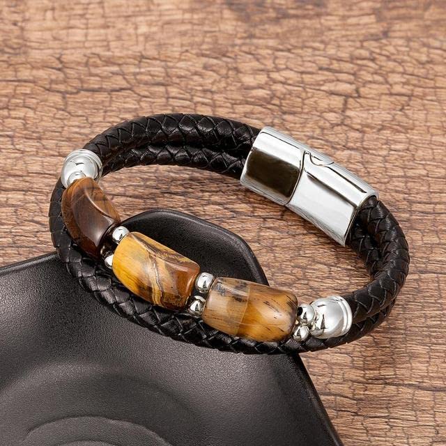 SUBOTE Men Leather Bracelet Natural Red Tiger Eye Stone Stainless Steel Magnet Clasp Mens Jewelry Gift