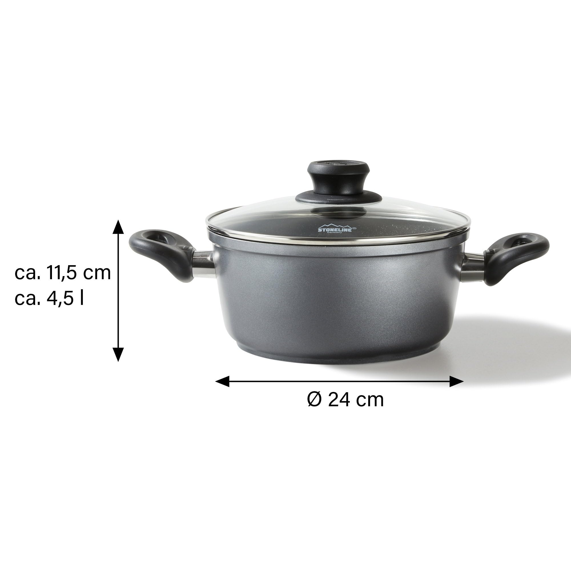 STONELINE Aluguss Kochtopf 24 cm, Topf mit Deckel 4,5 L, Antihaft beschichtet mit echten Steinpartikeln, Kochtopf Induktion 24 cm, für alle Herdarten, Backofen, Kochen ohne Fett oder Öl, Grau