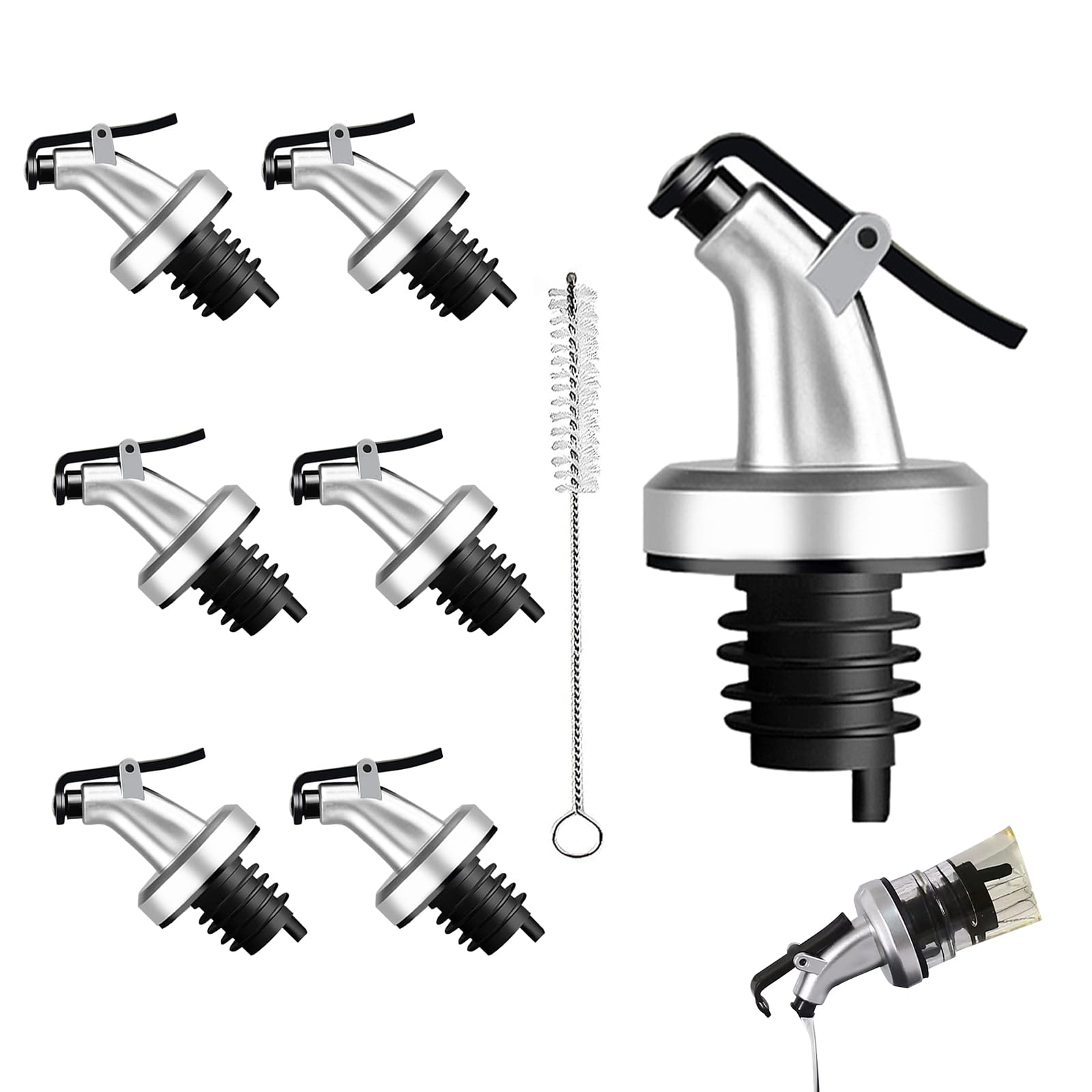 FCAIBEAR 7-Pack Professional Oil Pour Spouts - Extra Wide Mouth for Syrup & Soy Sauce Bottles + Standard Wine Stoppers (Silver)