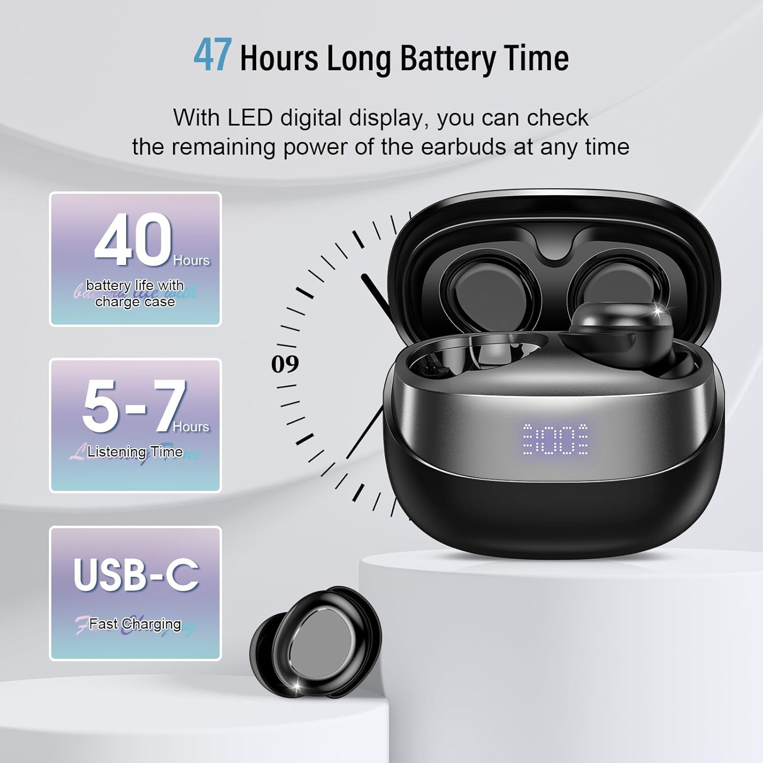 Auriculares Bluetooth, 2026 Mini In Ear Auriculares Inalámbricos Bluetooth 5.4 HiFi Sonido inmersivo, 47 horas de tiempo de reproducción, auriculares para dormir con enmascaramiento de ruido