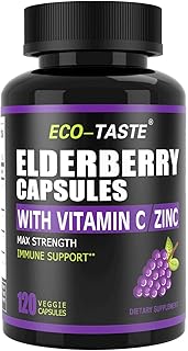 ECO-TASTE Elderberry Capsules with Zinc & Vitamin C - 120 Capsules, Sambucus Elderberries for Immune Support, Skin Health - Veggie Caps
