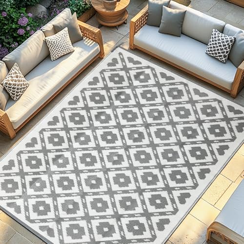 Waterproof Outdoor Rug 6x9 ft, Reversible Plastic Straw Rug, Easy to Clean Patio Rug, Portable Carpet for Patio, RV, Deck, Balcony, Backyard, Picnic, Beach, Square Dashed, Gray