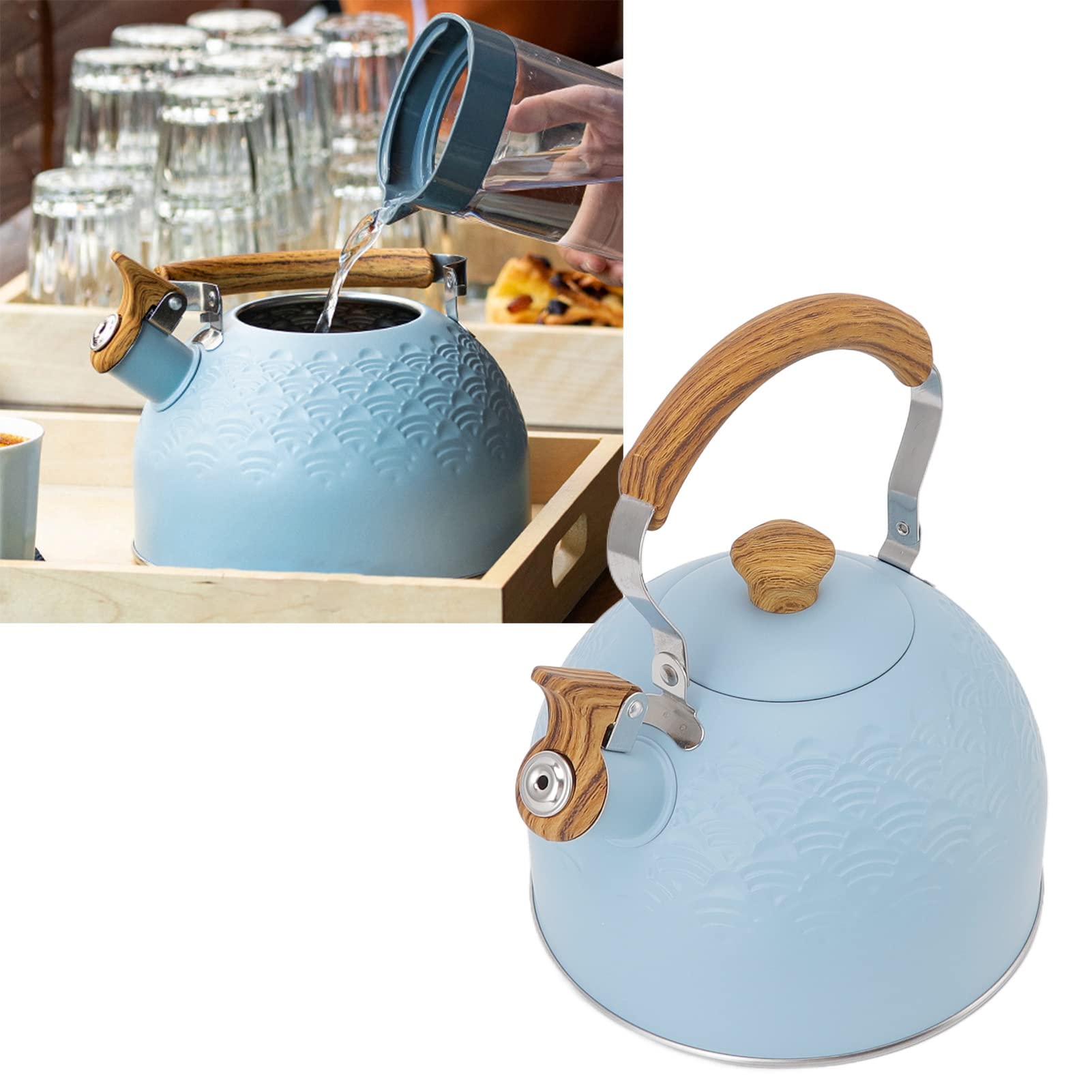 Tetera Con Silbido Azul Cielo Con Capacidad De 2,5 Litros, Cuerpo De Acero Inoxidable Y Amplia Aplicación Para Cocina, Cafetería, Bar Y Más