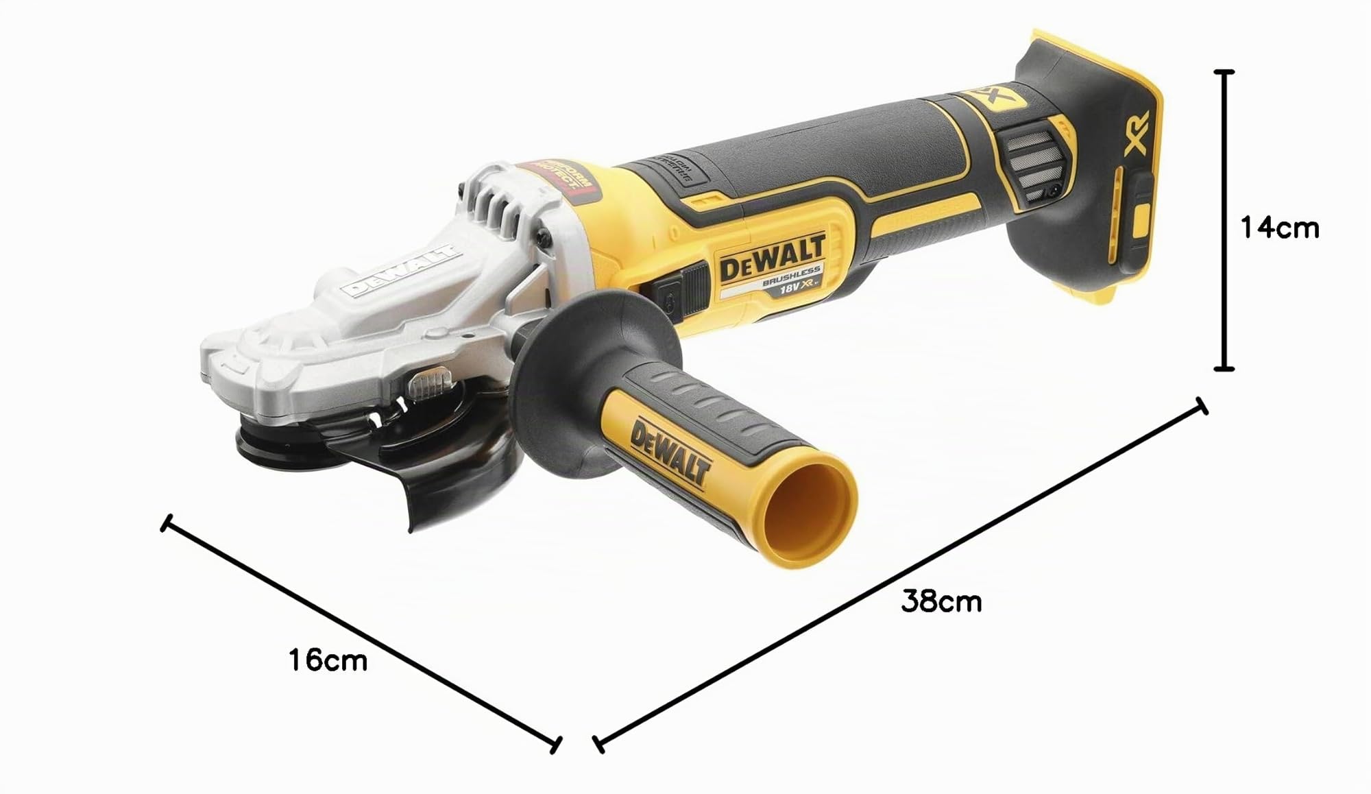DEWALT Amoladora Angular 18V XR Sin Escobillas 125mm Cabezal Plano, Inalámbrica para Espacios Reducidos, Corte de Metal, Mayor Seguridad y Protección contra Polvo, Solo Cuerpo – DCG405FN-XJ