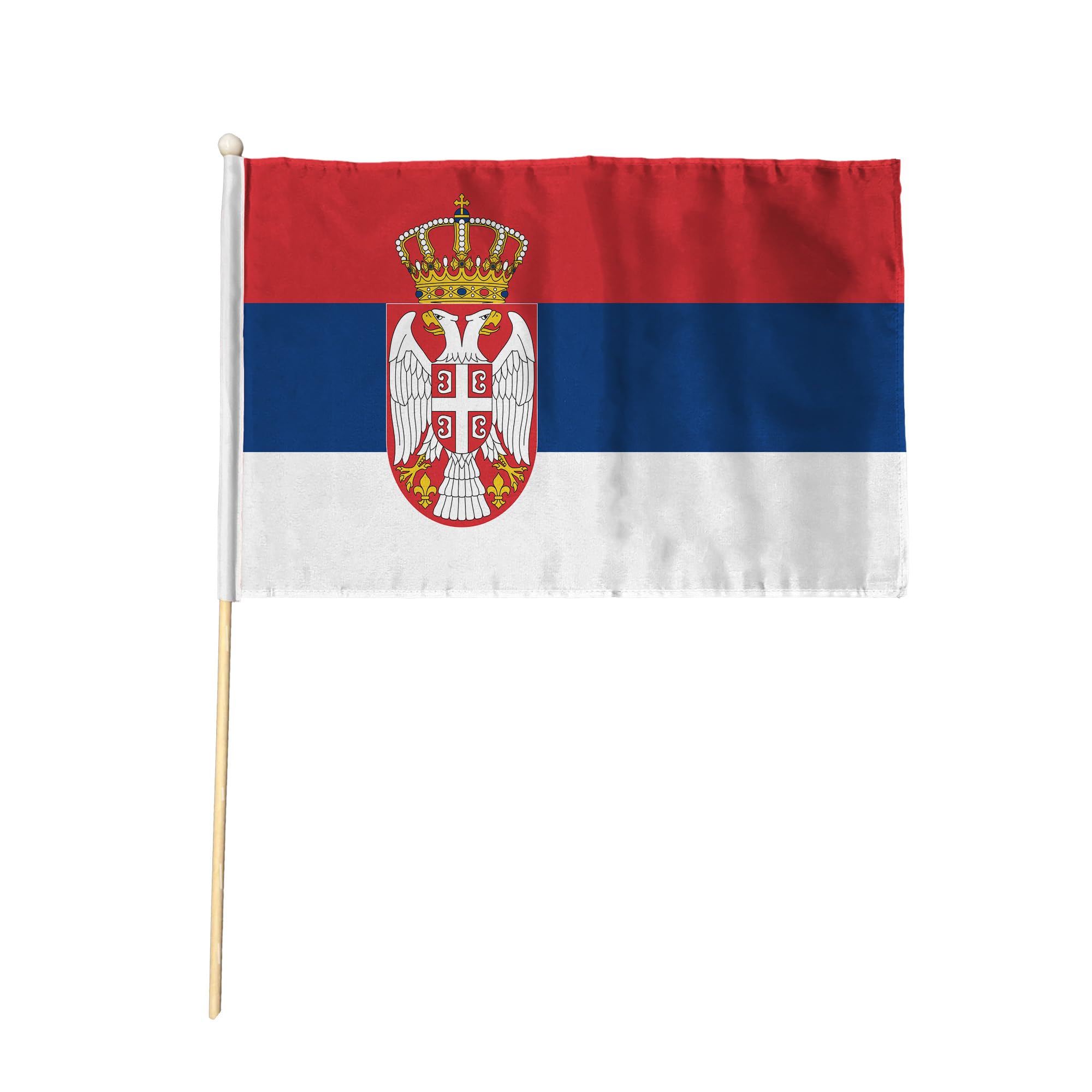 Flagtex Serbia with Crest Pack of 6 Hand Waving Flag (9x6 Inch) - Premium Wooden Stick Hand Flag 9x6 Inch Natural Wood Pole European Red Blue White Eagle Coat of Arms State Flag — image 1