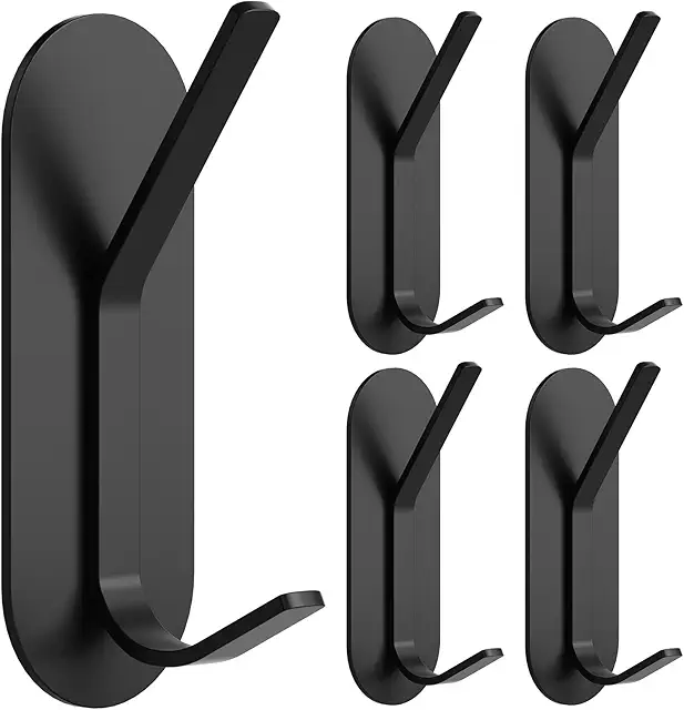 Alyvisun 5-Piece Self-Adhesive Hooks: Strong Stainless Steel Towel Hooks for Bathroom & Kitchen (Black)