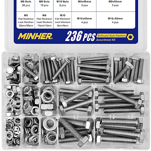 MINHER 236PCS M6 M8 M10 Heavy Duty Bolts and Nuts Assortment Kit 304 Stainless Steel(18-8) Hex Screws Nuts & Washers kit