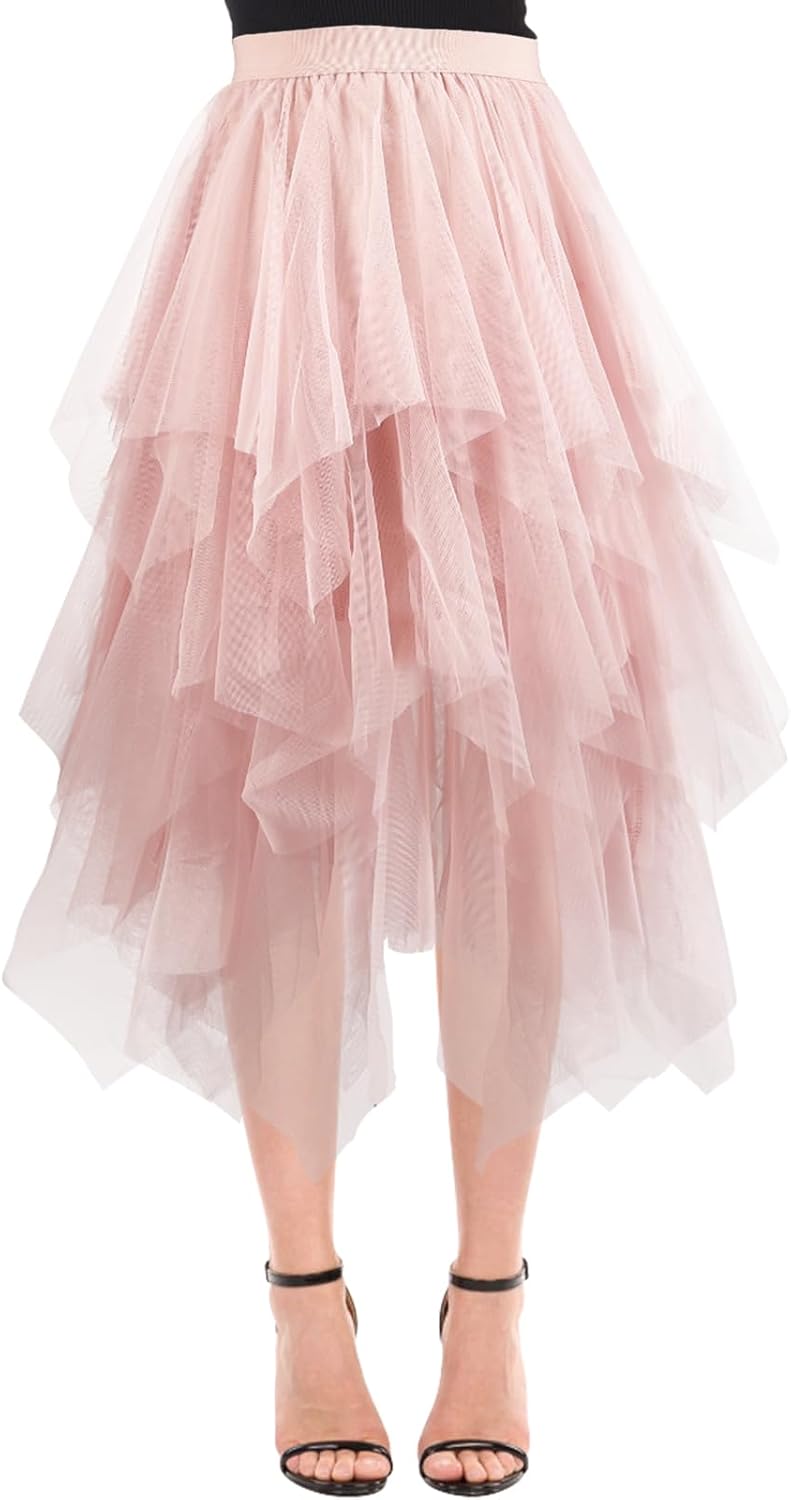 Women Tulle Skirts Layered Tutu Skirt Midi Length Elastic High Waist A Line Skirt - Image 2