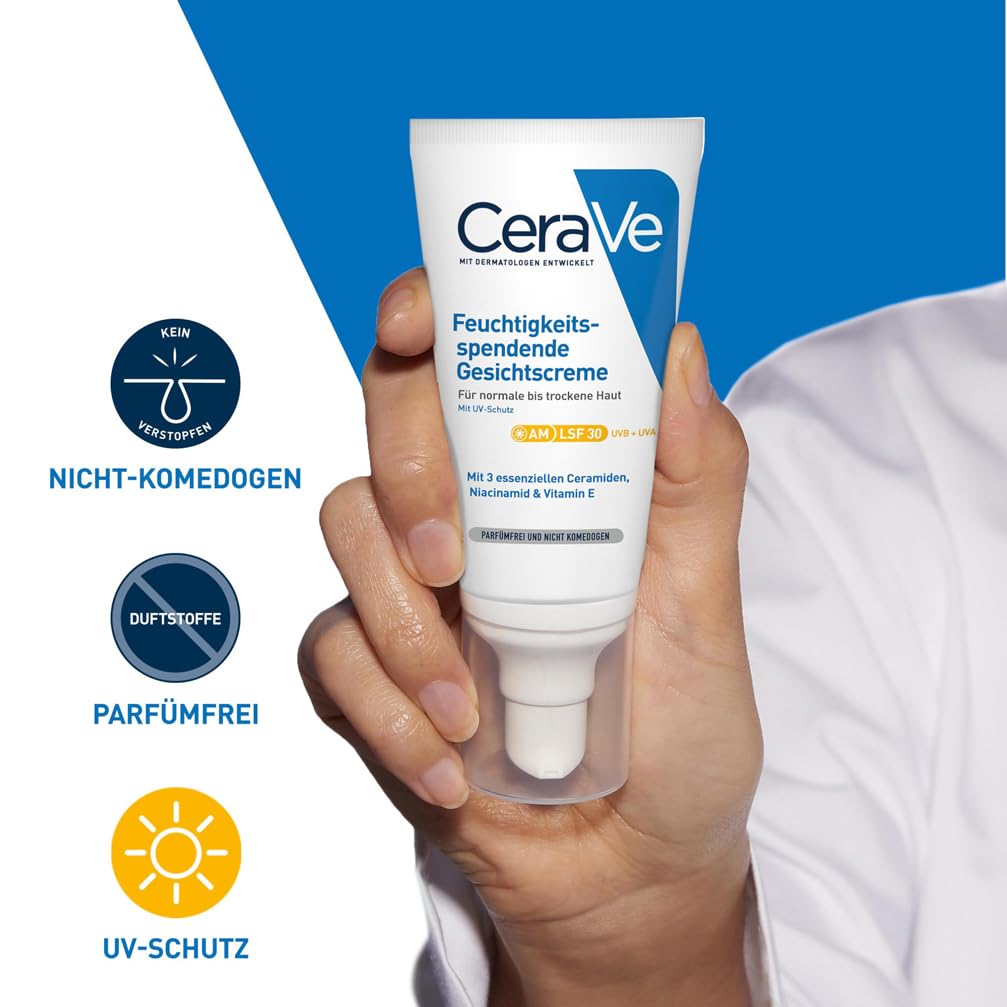 CeraVe Feuchtigkeitsspendende Gesichtscreme mit LSF 50, Hydratisierende Tagescreme mit Lichtschutz für normale bis trockene Haut, Schutz vor UVA- und UVB-Strahlung, 2 x 52ml