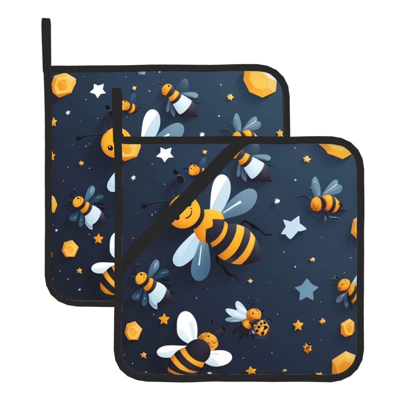 HJFCZH Stars and Bees Printed Square Insulated Pot Mat Set (2-Piece) 8x8in Waterproof, Thickened & Easy to Clean with Lanyard Design for Kitchen, Oven & BBQ