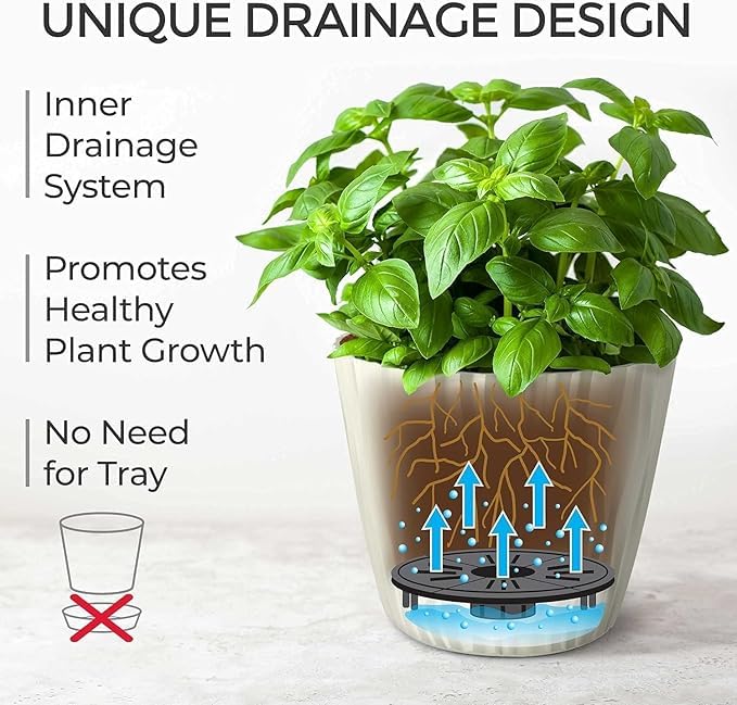 Image of StyleX Store Plastic Round Flower Pots with Drainage Hole Saucers | Durable Outdoor Indoor Wave Pattern Planters with Tray | Plant Containers for Balcony, Garden, Office, and Home (Set of 5, Ivary)
