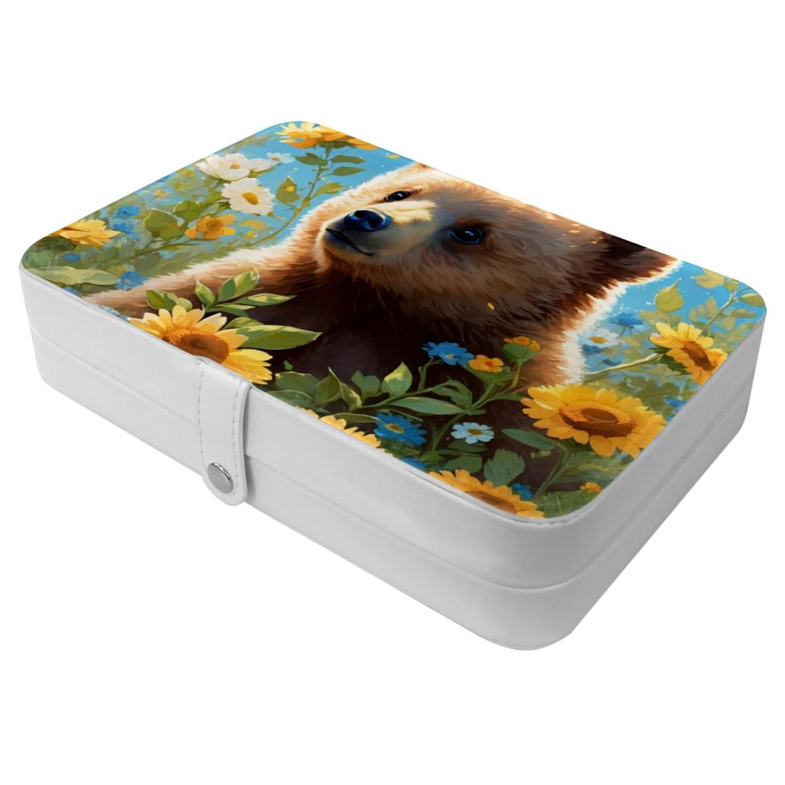 Boîte à bijoux pour femmes et filles - Organisateur de voyage portable motif ours et fleur