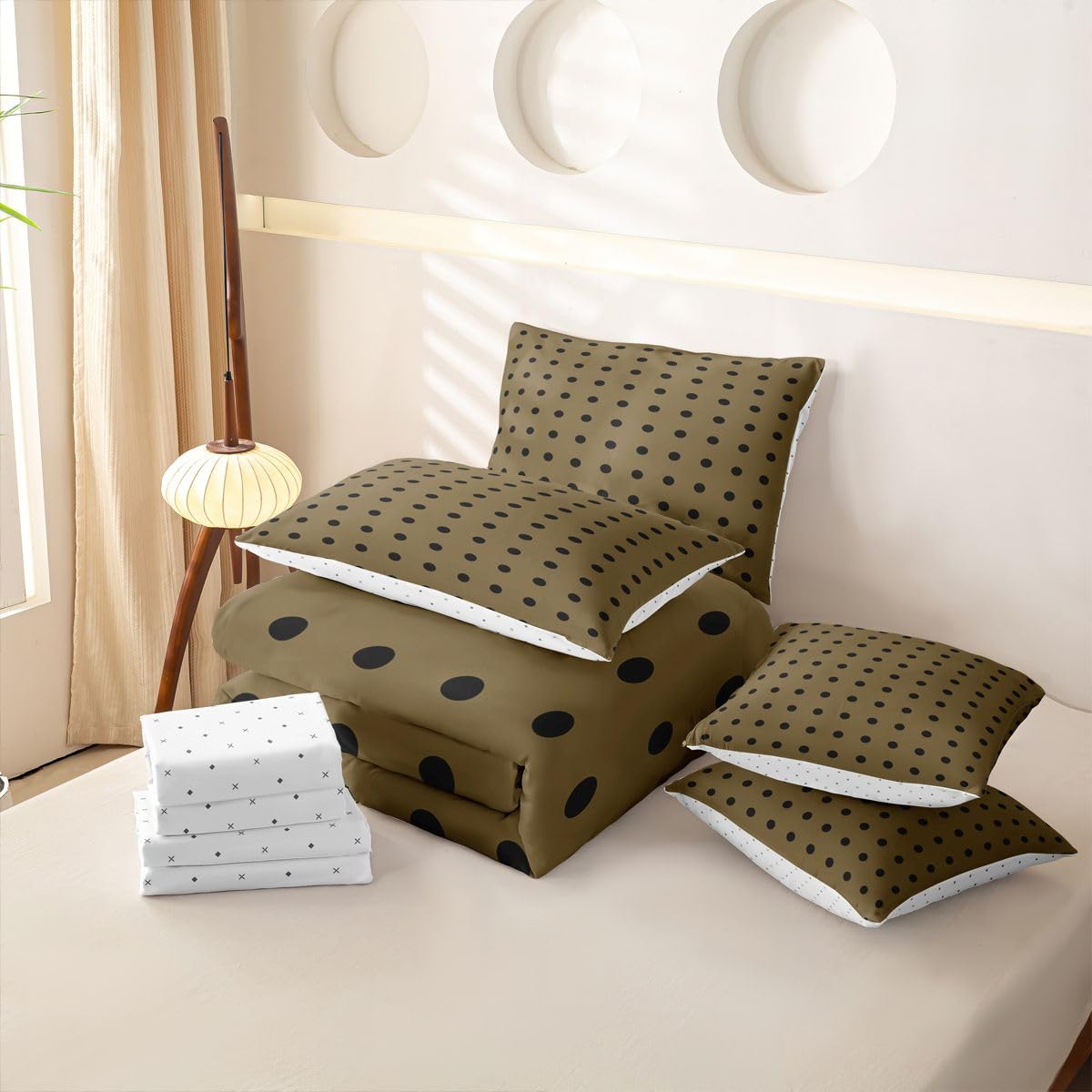 Homewish Schwarz Hellbraun Tupfen Bettwäsche 7teilig 200x200
