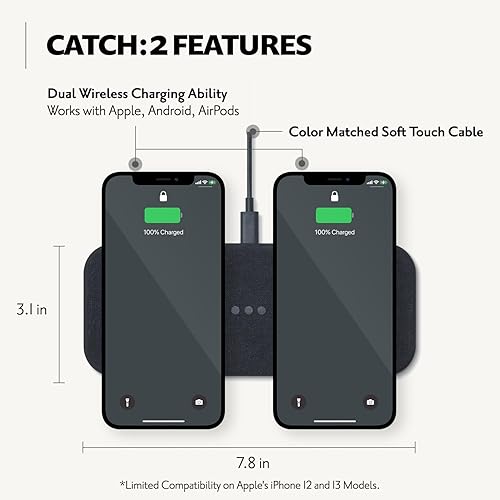 Miniatura 2 de Courant Catch2 Essentials - Almohadilla de carga inalámbrica dual de lino belga - Certificado Qi - Compatible con iPhone 11, X, SE, Galaxy S23, S22,