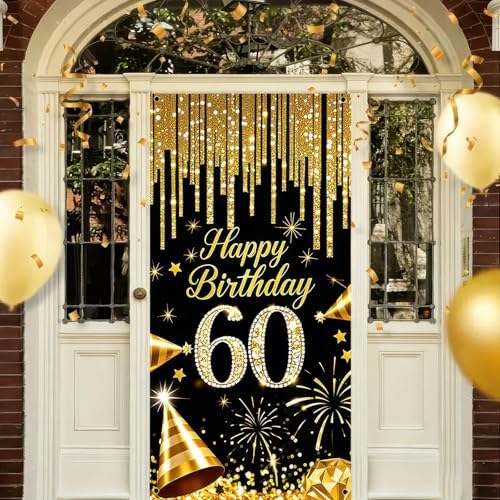 60th Birthday Door Cover 71x35 Inch Black and Gold Birthday Banne...