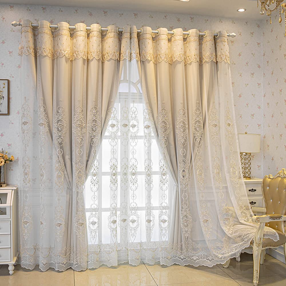 AiDamai Double Layered Room Darkening Curtains with Embroidered Sheer Overlay for Bedroom Mix and Match Grommet Curtains Attached Valance for Living