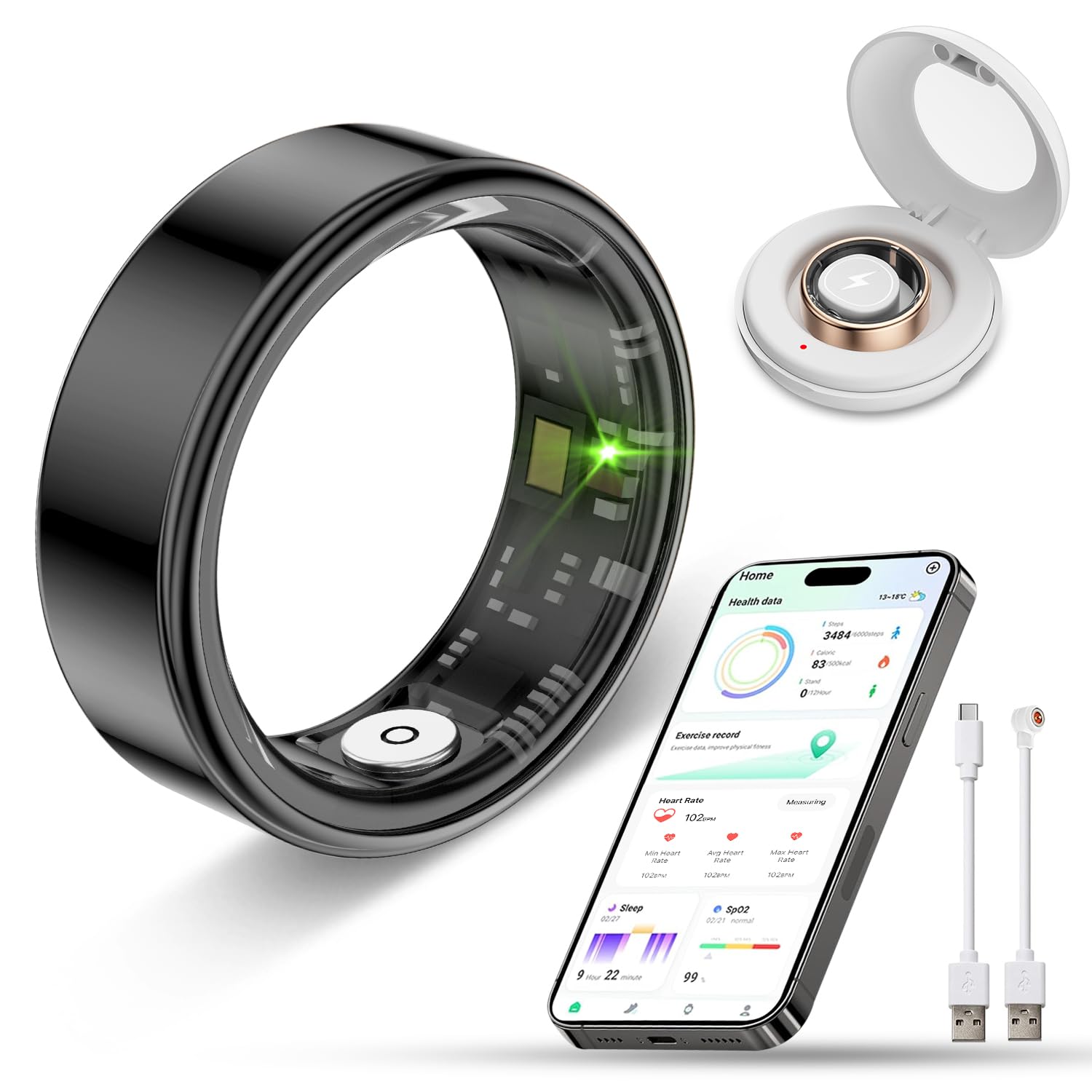 Smart Ring Health Tracker for Men Women-IP68 Waterproof Fitness Ring with Sleep Tracker Heart Rate Blood Oxygen Steps