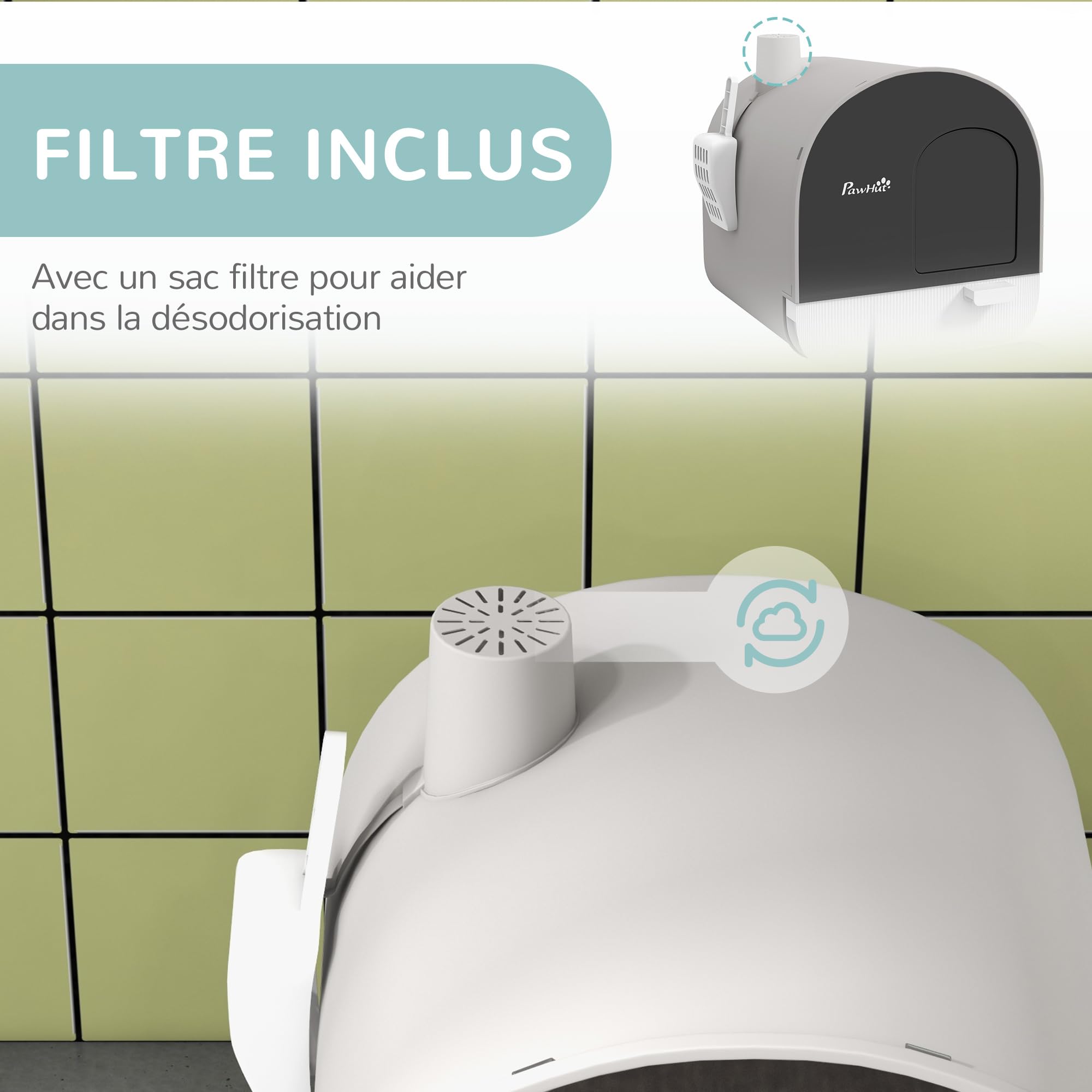 PawHut Bac à litière pour Chat Maison de Toilette pour Chat avec Porte battante, Pelle et Filtre Inclus dim. 43L x 44l x 47H cm - Gris