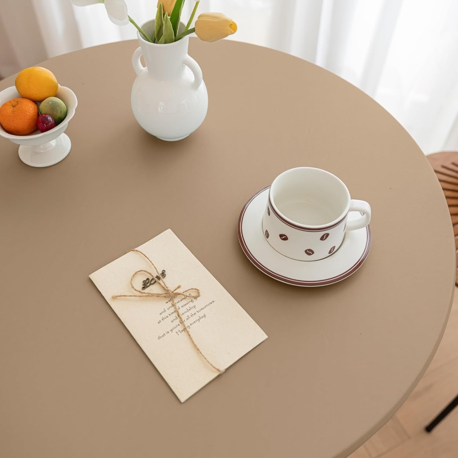 Round Fitted PU Tablecloth with High Elastic Edge 55 Inch Dia Waterproof Oil Proof Table Cloth Anti-scald Stain-Resistant Wipeable Table Cover for Indoor Outdoor Picnic (Cream Coffee,55"Dia)