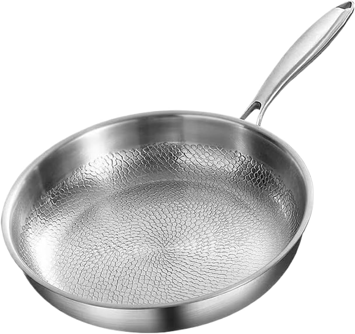 Non Stick Frying Pan, Hammered Skillet Without Coating, Stainless Steel Saute Pan, Sturdy Design with Even Heat Distribution, Cookware for Induction Stove Searing Steak Sauteing Home Kitchen