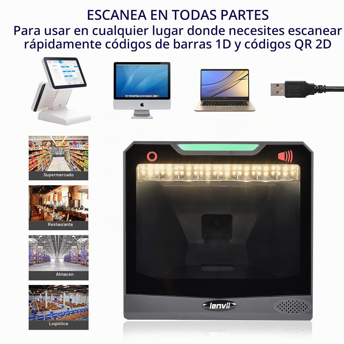 LENVII E688 Escáner de código de Barras Lector de código de Barras 1D / 2D / QR, escáner de código de Barras omnidireccional automático, escáner de código de Barras de Escritorio para Windows/Mac