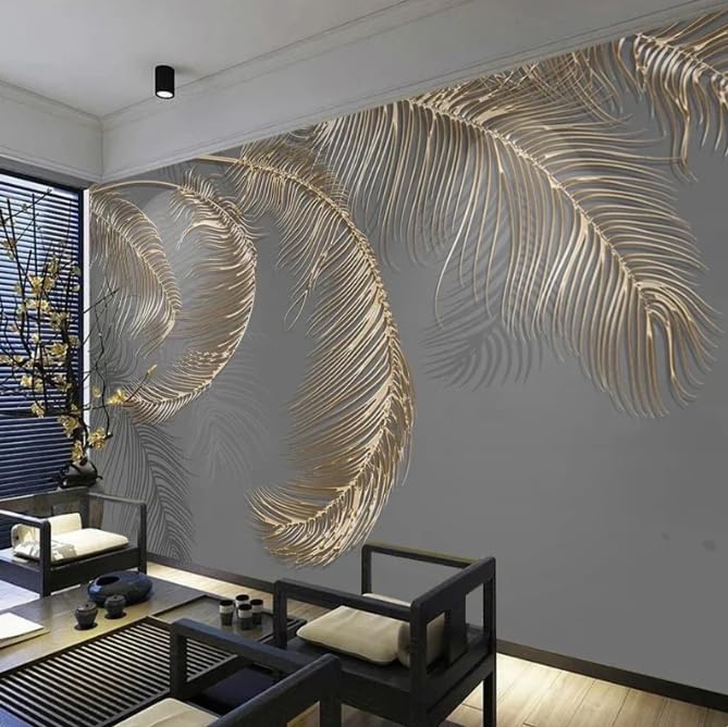 Papier peint 3D plume dorée relief pour agrandir le salon et le bureau